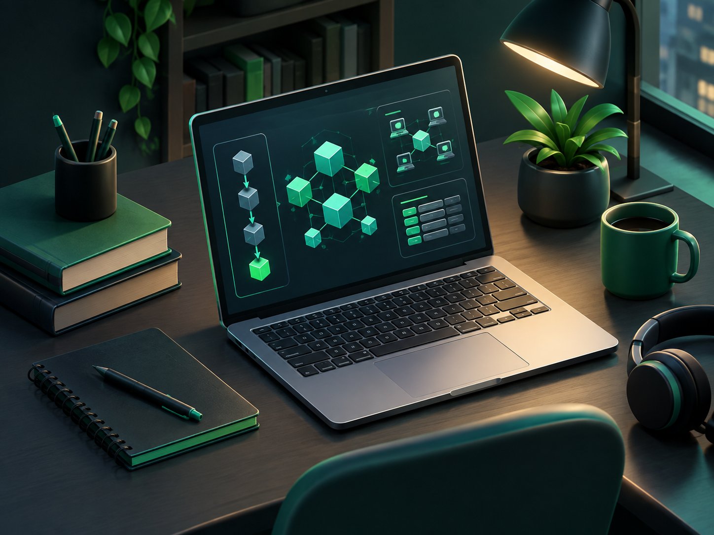 Student laptop showing blockchain diagrams in a cozy study